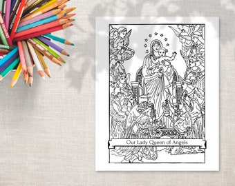 Printable Coloring Page "Our Lady Queen of Angels" - Catholic coloring page - printable coloring page