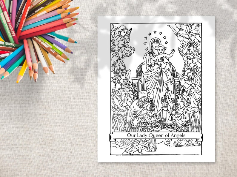 Dibujo para colorear imprimible "Nuestra Señora Reina de los Ángeles" - Dibujo católico para colorear - dibujo para colorear imprimible imagen 1