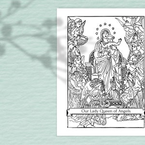 Puede incluir: Dibujo en blanco y negro de la Virgen Mar&iacute;a sosteniendo al ni&ntilde;o Jes&uacute;s, rodeada de &aacute;ngeles. La imagen se titula "Nuestra Se&ntilde;ora Reina de los &Aacute;ngeles".