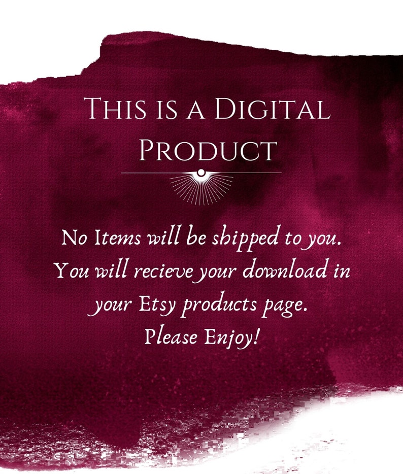 Puede incluir: Un anuncio de producto digital con un fondo de acuarela burdeos. El texto dice "Este es un producto digital. No se enviar&aacute;n art&iacute;culos a usted. Recibir&aacute; su descarga en su p&aacute;gina de productos de Etsy. &iexcl;Disfrute!"