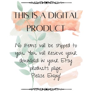 Puede incluir: Un anuncio de producto digital con un fondo de acuarela y hojas verdes. El texto dice: "THIS IS A DIGITAL PRODUCT No Items will be shipped to you. You will receive your download in your Etsy products page. Please Enjoy!"