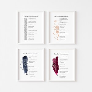 May include: Set of four printable wall art prints featuring the Ten Commandments. Each print has a different watercolor background design: black and white, peach, blue, and burgundy.