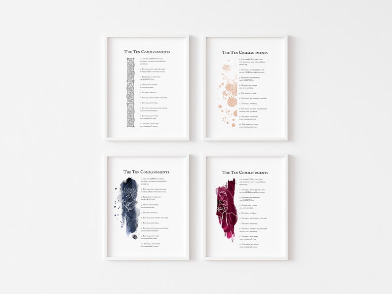 May include: Set of four printable wall art prints featuring the Ten Commandments. Each print has a different watercolor background design: black and white, peach, blue, and burgundy.