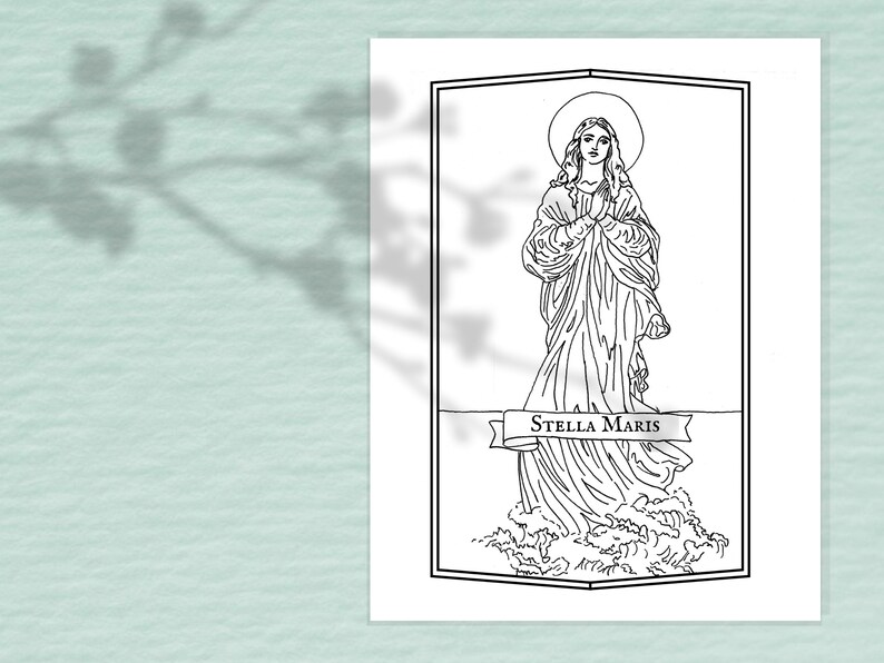 May include: A black and white line drawing of the Virgin Mary standing on waves with the text "Stella Maris" on a banner.