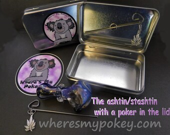 Ashtray / Stash Tin with Pot leaf poker in the lid. Unique and Innovative. Ash tray with Pipe cleaner. Hand Crafted in USA.  Smoking tool.