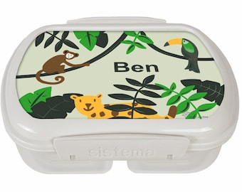 Dschungel Brotdose mit Namen für Schule & Kindergarten -hochwertige Sistema Brotbox mit Fächern unterteilt - Lunchbox Brotzeitbox Vesperdose