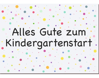Könnte beinhalten: Eine hellblaue Karte mit weißem Hintergrund und buntem Konfetti. Die Karte sagt "Alles Gute zum Kindergartenstart" in schwarzer Schrift.