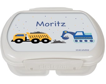 Bagger Brotdose mit Namen für Schule & Kindergarten - hochwertige Sistema Brotbox mit Fächern unterteilt - Lunchbox Brotzeitbox Vesperdose