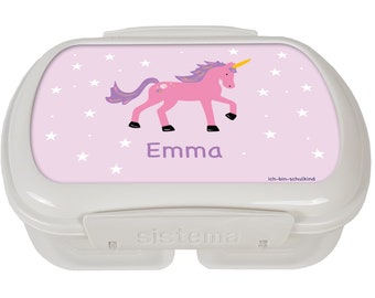 Einhorn Brotdose mit Namen für Schule & Kindergarten - hochwertige Sistema Brotbox mit Fächern unterteilt - Lunchbox Brotzeitbox Vesperdose