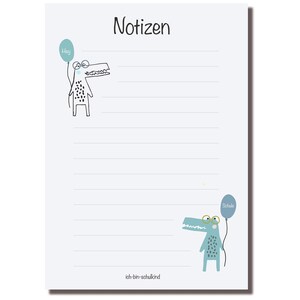 Könnte beinhalten: Ein blaues und weiß gestreiftes Notizbuch mit dem Wort "Notizen" oben. Das Notizbuch zeigt zwei Karikatur-Krokodile, eines mit einem blauen Ballon, auf dem "Hey" steht, und das andere mit einem blauen Ballon, auf dem "Schule" steht.