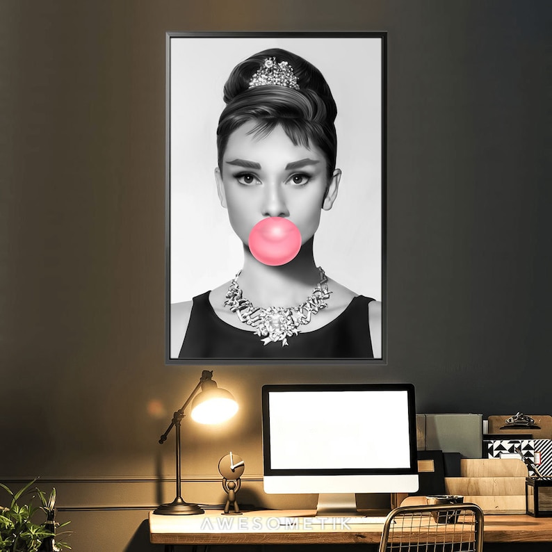 Audrey Hepburn Pink Bubble Gum Black and White Ready To Hang Canvas Print Art Home D\u00e9cor Made In USA