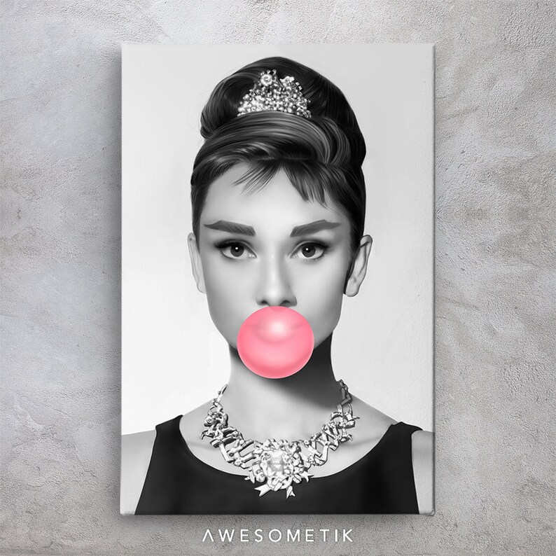 Audrey Hepburn Pink Bubble Gum Black and White Ready To Hang Canvas Print Art Home D\u00e9cor Made In USA