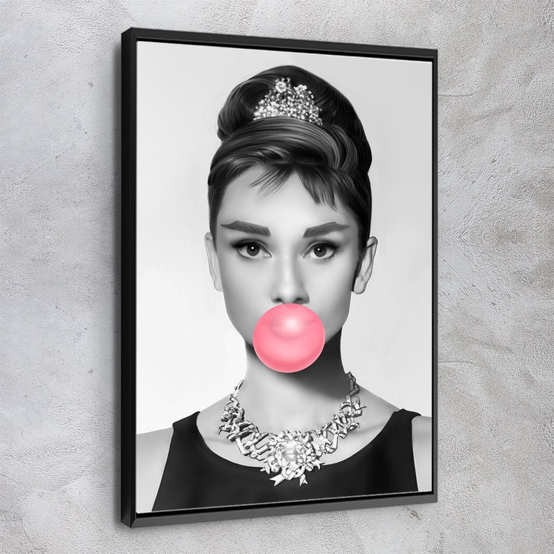 Audrey Hepburn Pink Bubble Gum Black and White Ready To Hang Canvas Print Art Home D\u00e9cor Made In USA