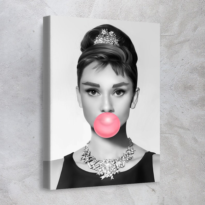 Audrey Hepburn Pink Bubble Gum Black and White Ready To Hang Canvas Print Art Home D\u00e9cor Made In USA