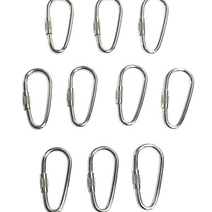 May include: A collection of ten silver-colored carabiner clips arranged on a white background. Each clip has a screw-lock mechanism and a teardrop shape. The clips are made of metal and are designed for securing items.