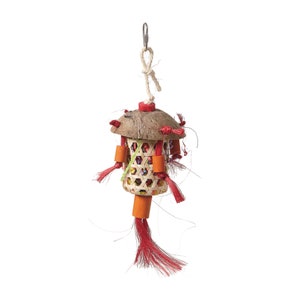 Lantern Shaped Natural Parrot Toy with Coconut Shell and Bamboo Basket