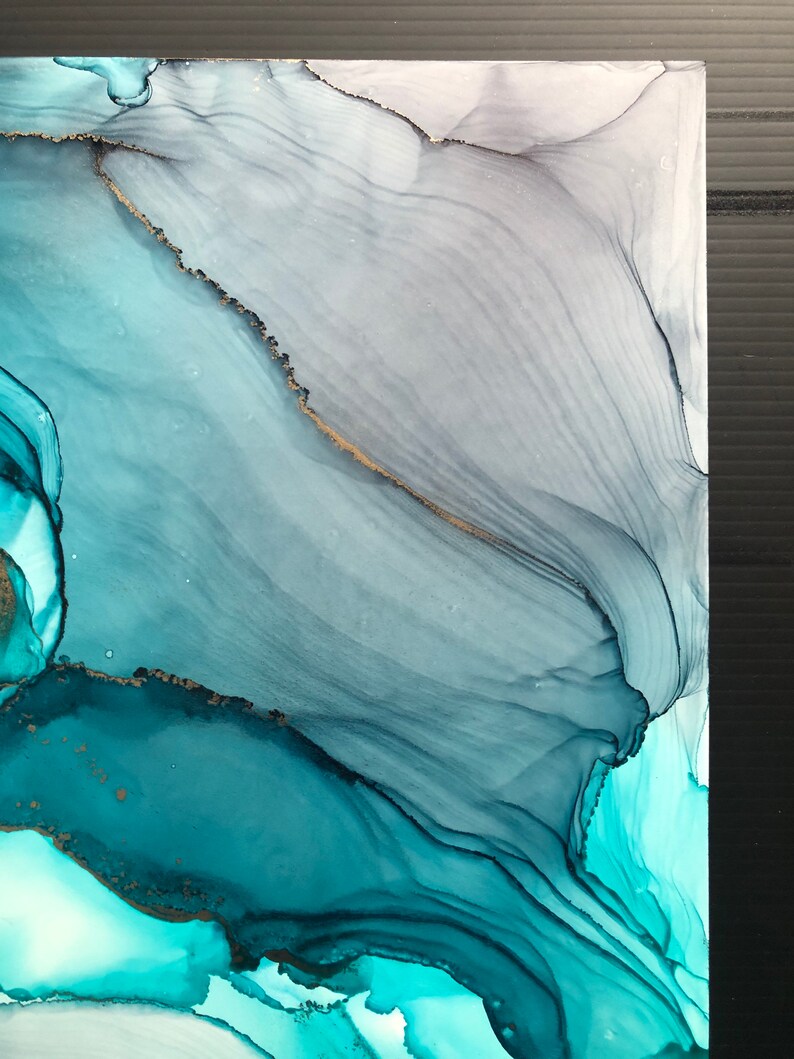 11x14 alcohol ink painting grey /& blue-green