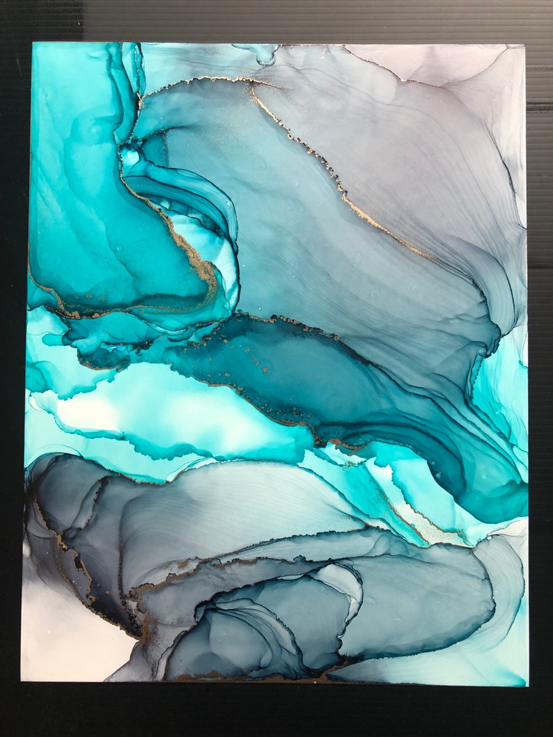 11x14 alcohol ink painting grey /& blue-green
