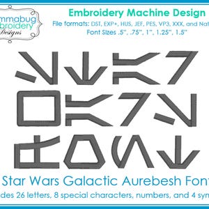 Könnte beinhalten: Stickmuster-Design für eine Star Wars Galactic Aurebesh-Schriftart. Das Design umfasst 26 Buchstaben, 8 Sonderzeichen, Zahlen und 4 Symbole. Die Schriftgrößen sind 1,3 cm, 1,9 cm, 2,5 cm, 3,2 cm und 3,8 cm.