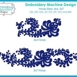 May include: Two embroidery designs, one for a 4x4 inch hoop and one for a 5x7 inch hoop. Both designs feature a blue floral pattern.