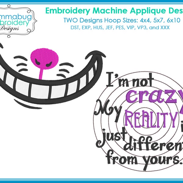 Cheshire Cat Smile and Different Reality Word Art DIGITAL Embroidery Machine Design File