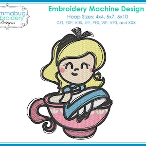 Kawaii Alice in Tea Cup Sketch Drawing Light Fill DIGITAL Embroidery Machine Design File