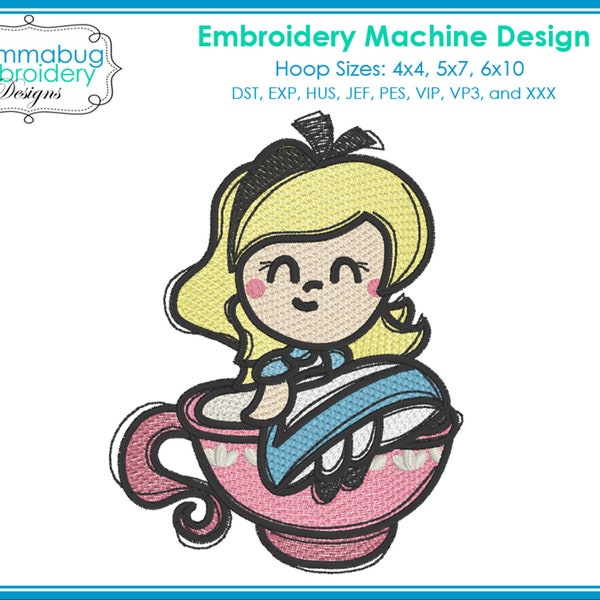 Kawaii Alice in Tea Cup Sketch Drawing Light Fill DIGITAL Embroidery Machine Design File