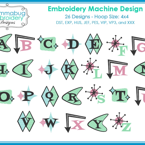 Retro Diner Midcentury Monograms DIGITAL Embroidery Machine Design File