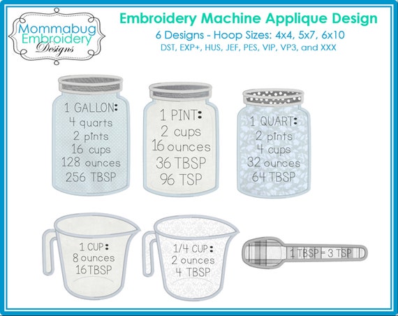 Kitchen Measuring Conversion Set Mason Jars Measuring Cups and Spoon  DIGITAL Embroidery Machine Design File 