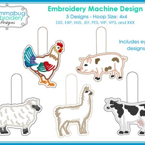 May include: Five embroidery designs for a 4x4 hoop, featuring a chicken, pig, llama, sheep, and cow. The designs are in various colors and include eyelet details.