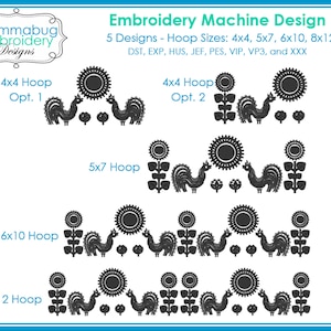 Puede incluir: Cinco diseños de bordado que presentan un gallo estilizado, un girasol y hojas. Los diseños se muestran en diferentes tamaños de aro: 4x4, 5x7, 6x10 y 8x12. El texto "Mommabug Embroidery Designs" está en la esquina superior izquierda.
