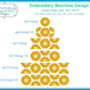 May include: A graphic showing the different hoop sizes for embroidery machines. The hoop sizes are 4x4, 5x7, and 6x10. The graphic is made up of yellow daisy flowers.