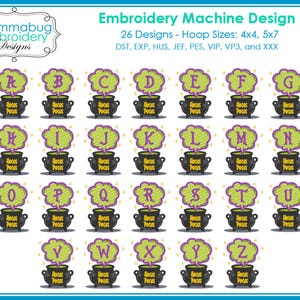 May include: An embroidery machine design featuring 26 alphabet letters, each displayed above a cauldron with the text "Hocus Pocus". The letters are in a green font with a purple outline, and the cauldrons are black. The design is for 4x4 and 5x7 hoops.