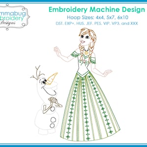 May include: Embroidery machine design featuring a cartoon image of a princess and a snowman. The design includes the text "Embroidery Machine Design" and "Hoop Sizes: 4x4, 5x7, 6x10". The princess is wearing a green and white dress.