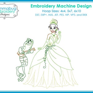 Princess Tiana and Frog Naveen Playing Banjo Colorwork DIGITAL Embroidery Machine Design File
