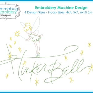 May include: Embroidery machine design of Tinker Bell, a fairy with green wings and a green dress, holding a wand with a star at the end. The design includes the text "Tinker Bell" in a cursive font and stars.
