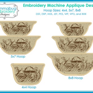 Może przedstawiać: Cztery wzory haftu przedstawiające grzyby w misce, pokazane w różnych rozmiarach obręczy: 4x4, 5x7 i 8x8. Wzory są dostępne w formatach DST, EXP, HUS, JEF, PES, VIP, VP3 i XXX.