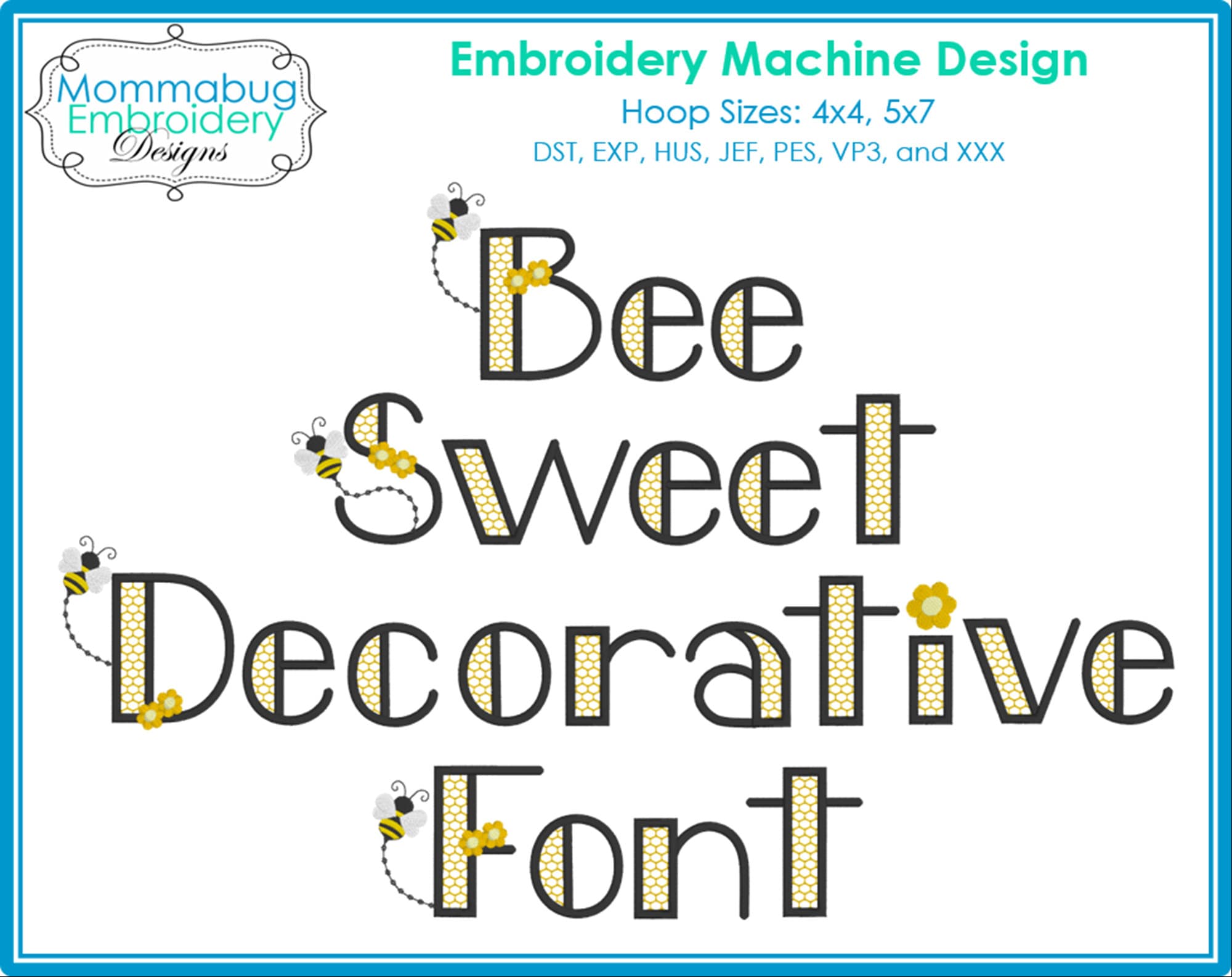 Bee Sweet Decorative Honeybee Honeycomb Font DIGITAL Embr… embroidery font sample