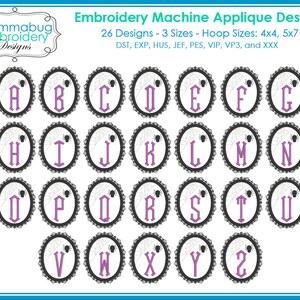 May include: An embroidery machine applique design featuring the alphabet, each letter in a purple gothic font within a black and white oval frame with spiderweb and spider details. The design includes 26 letters in 3 sizes, with hoop sizes 4x4 and 5x7.
