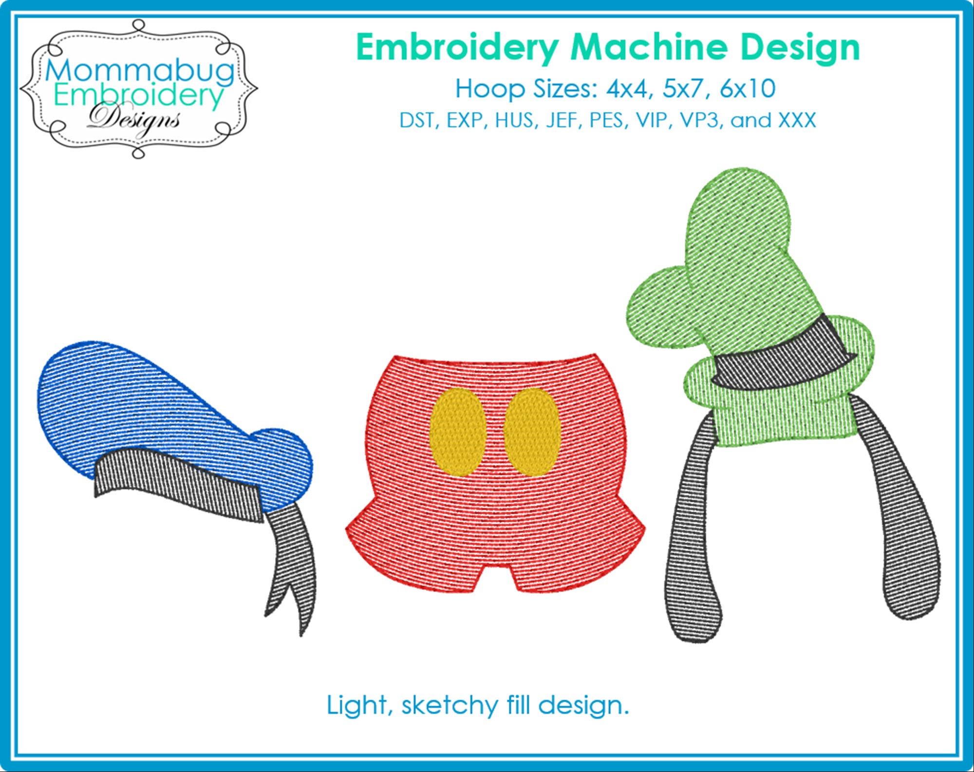 Magical Theme Park Donald Hat Mickey Pants Goofy Hat DIGITAL Embroidery Machine Design File