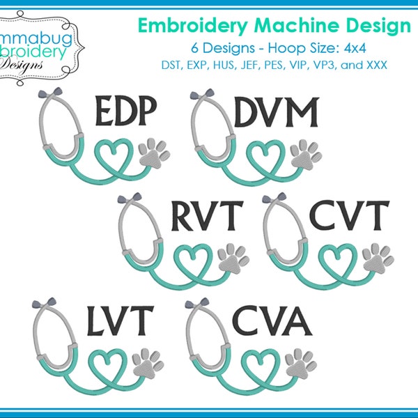 Vet Tech, Vet Assistant, Veterinarian Paw Print Stethoscope Monogram DIGITAL Embroidery Machine Design File