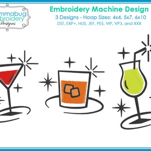 Retro Cocktails Set 1: Cosmo, Daiquiri, Old Fashioned Digital Embroidery Machine Design File