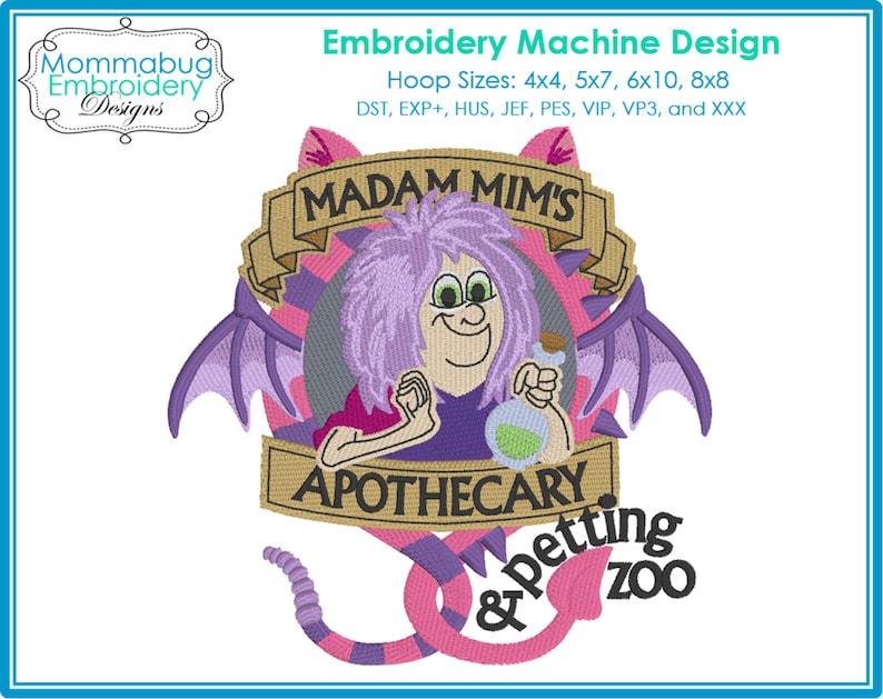 Puede incluir: Dise&ntilde;o bordado de una mujer de pelo morado con alas de murci&eacute;lago y cola, sosteniendo una botella de poci&oacute;n. El texto dice "Madam Mim's Apothecary & Petting Zoo".