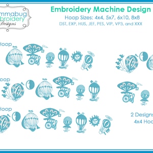 May include: A digital embroidery design featuring a hot air balloon with a basket and a sun with a halo. The design is available in multiple sizes for embroidery hoops, including 4x4, 5x7, 6x10, and 8x8 inches. The design is available in several embroidery file formats, including DST, EXP, HUS, JEF, PES, VIP, VP3, and XXX.