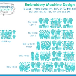 Könnte beinhalten: Grafik für eine Stickmaschine mit dem Text "Mommabug Embroidery Designs". Das Design umfasst verschiedene Größen: 4x4, 5x7, 6x10, 8x8 und 8x12. Das Bild zeigt mehrere gestickte Bilder von Menschen, Hähnen und Pflanzen.