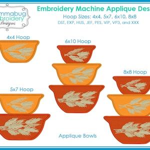 Peut inclure: Modèle d'applique de machine à broder pour des bols avec des épis de blé. Le motif est disponible en quatre tailles : 4x4, 5x7, 6x10 et 8x8 pouces. Tailles de cerceau : 4x4, 5x7, 6x10, 8x8. Formats de fichiers : DST, EXP, HUS, JEF, PES, VIP, VP3 et XXX.