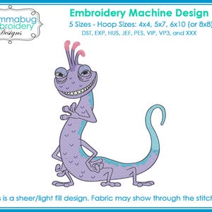 May include: An embroidery machine design featuring a cartoon lizard in shades of purple and blue. The design includes the text "Embroidery Machine Design" and "Mommabug Embroidery Designs". The design is available in 5 sizes, with hoop sizes 4x4, 5x7, 6x10 (or 8x8).