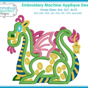 May include: Green, pink, yellow, and blue applique embroidery design of a dragon with a lantern. Hoop sizes: 4x4, 5x7, 6x10. DST, EXP, HUS, JEF, PES, VIP, VP3, and XXX.