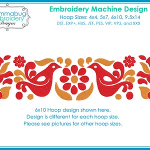 May include: Embroidery machine design featuring a red bird with yellow and red flowers. The design is available in multiple hoop sizes: 4x4, 5x7, 6x10, 9.5x14. The design is shown in a 6x10 hoop.  The design is available in the following formats: DST, EXP+, HUS, JEF, PES, VIP, VP3, and XXX.
