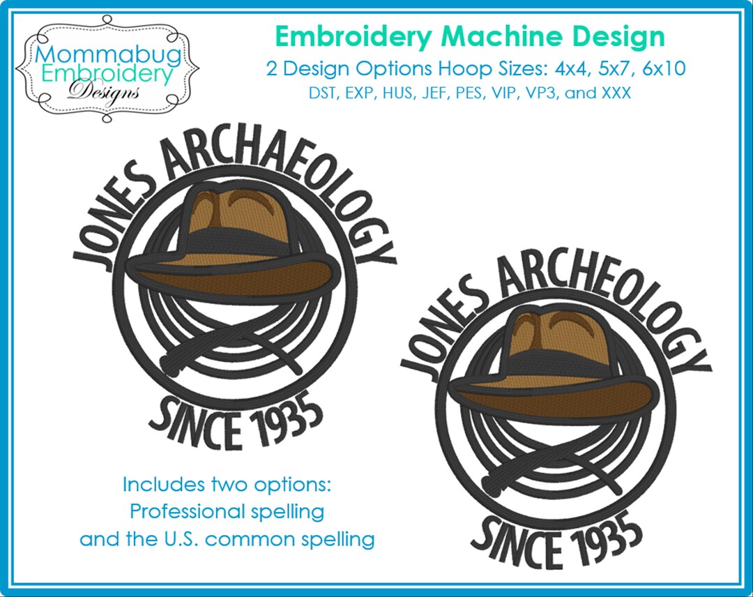 Dr. Jones Archeology Hat and Whip Logo DIGITAL Embroidery Machine